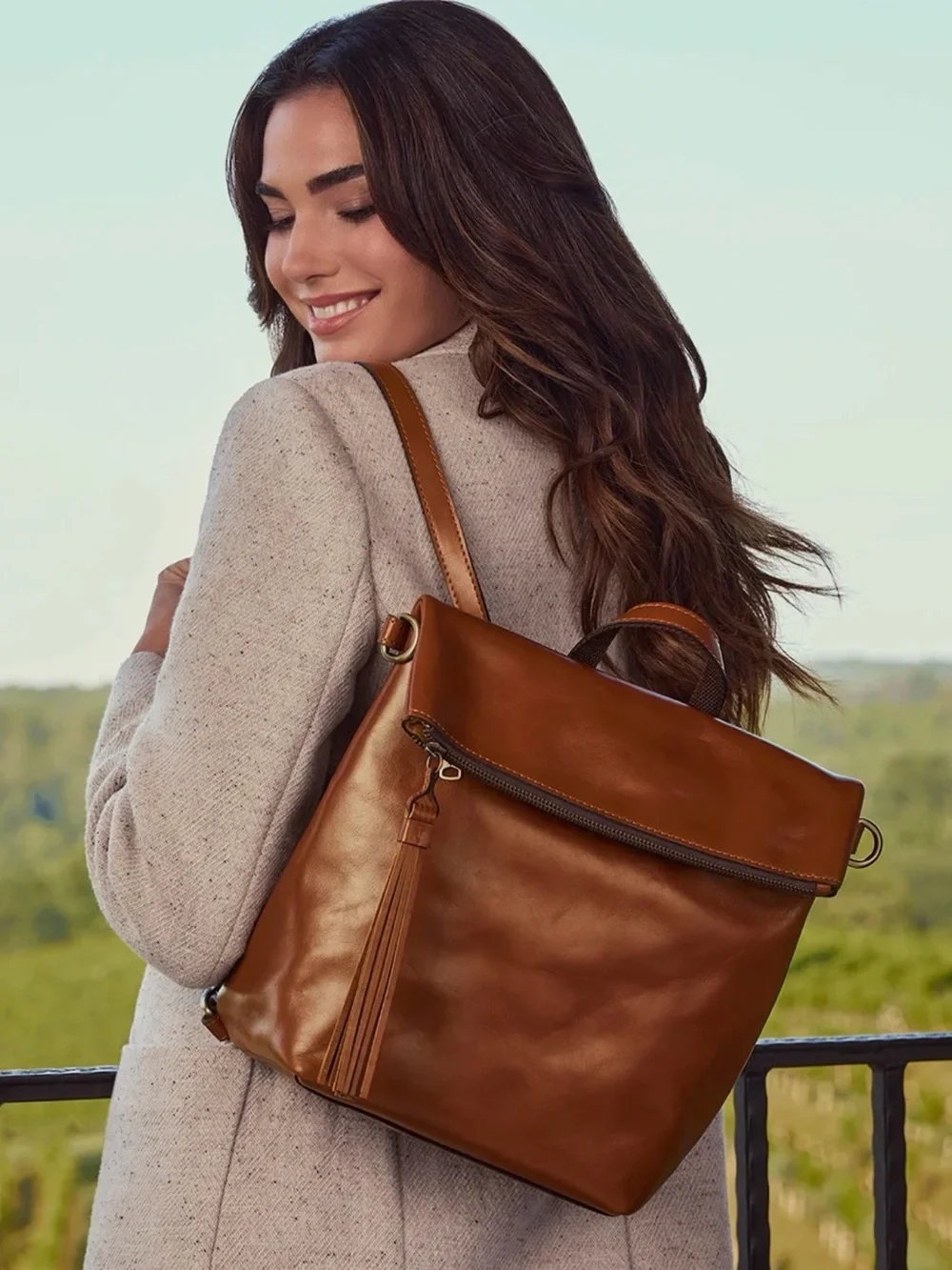Patricia Nash Luzille Leather Convertible Backpack Tote Tan